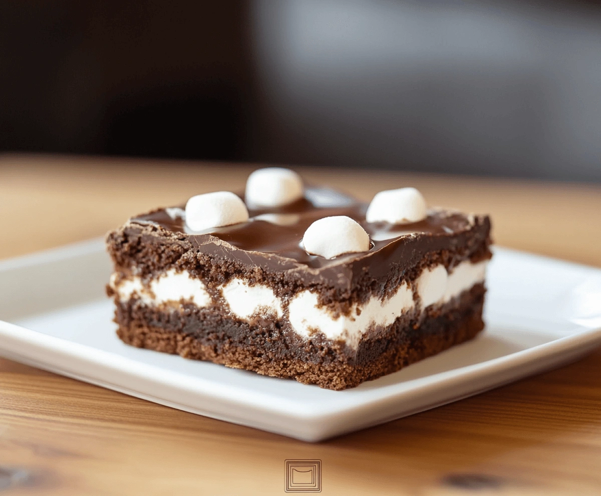 A slice of heavenly hash brownie with layers of chocolate, marshmallows, and a rich chocolate topping on a blue plate.