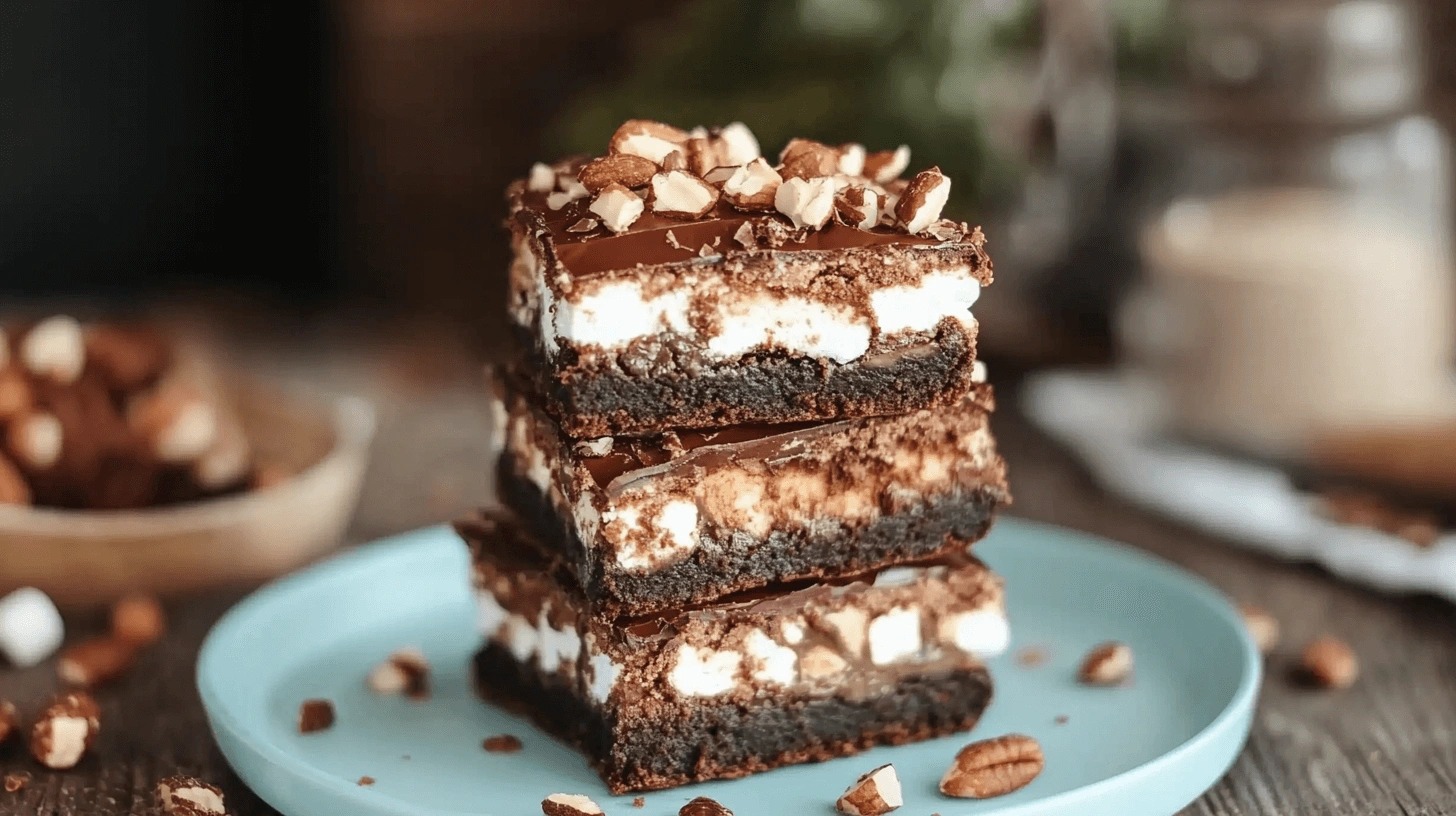 A close-up shot of a rich chocolate brownie topped with marshmallows and a melted chocolate layer on a decorative blue plate.