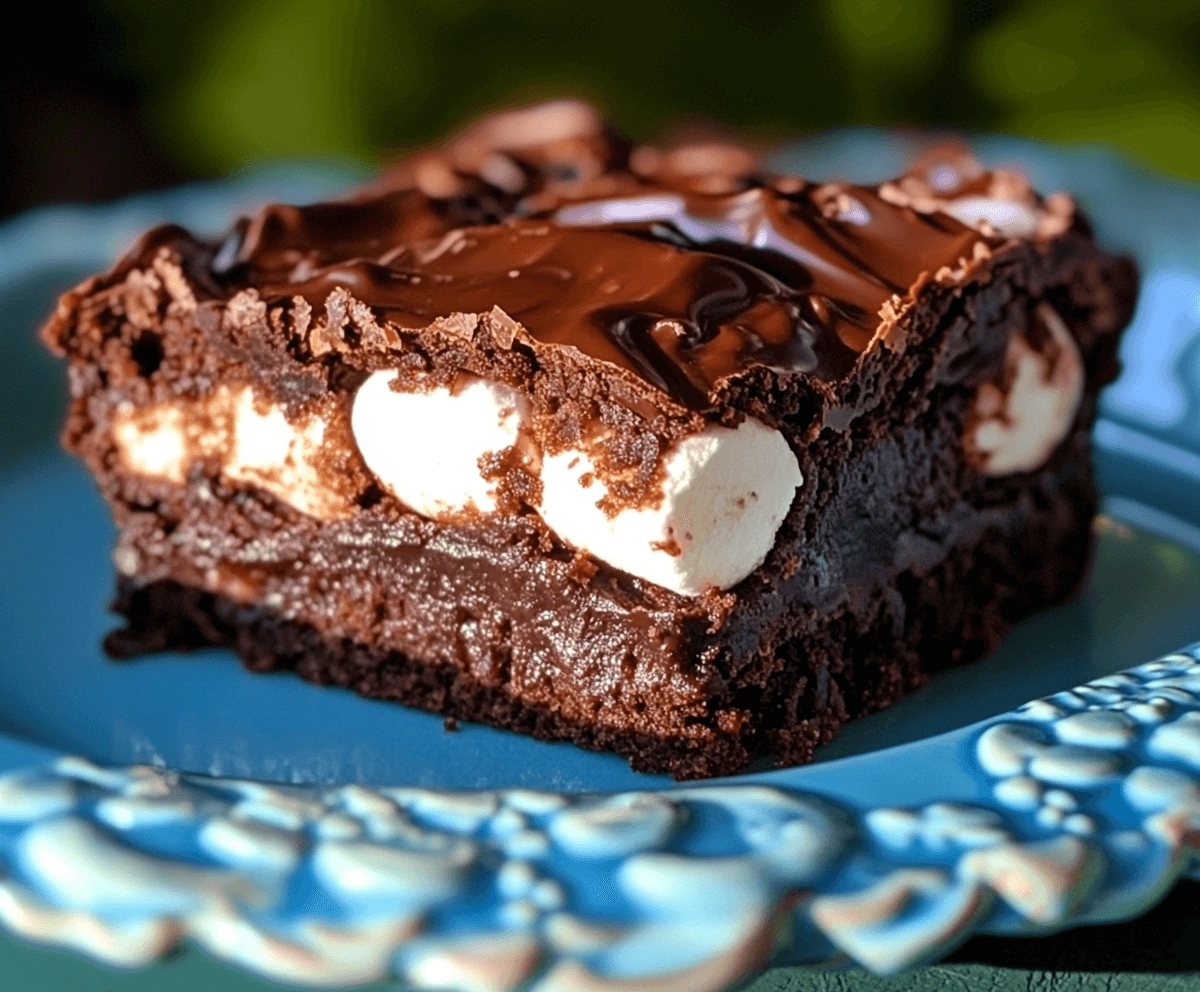 A detailed view of a chocolate brownie layered with marshmallows and glossy chocolate frosting on a blue plate.