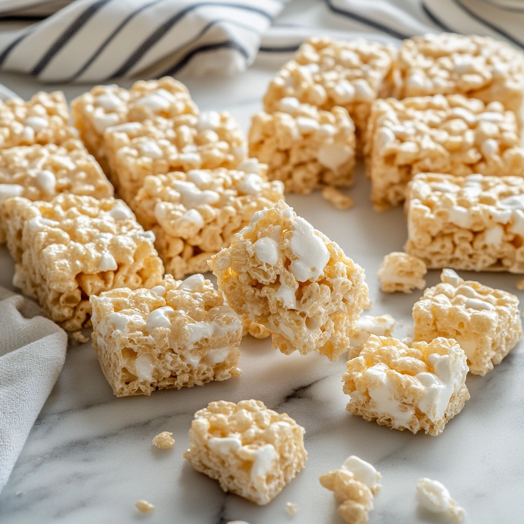Soft, chewy Rice Krispies treats stacked on a plate.
