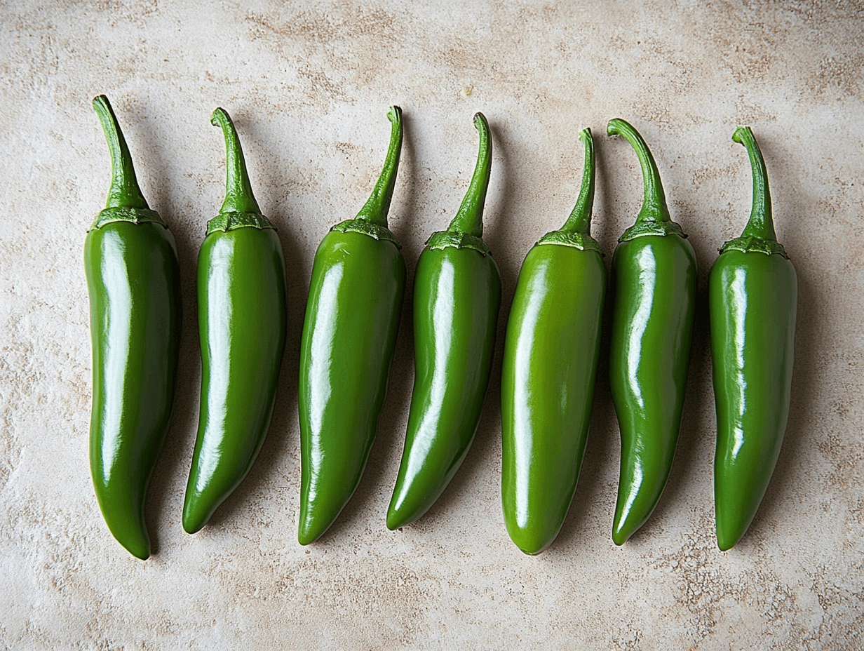 Seven fresh green serrano peppers arranged neatly in a row on a textured beige surface, showcasing their vibrant color and smooth skin.