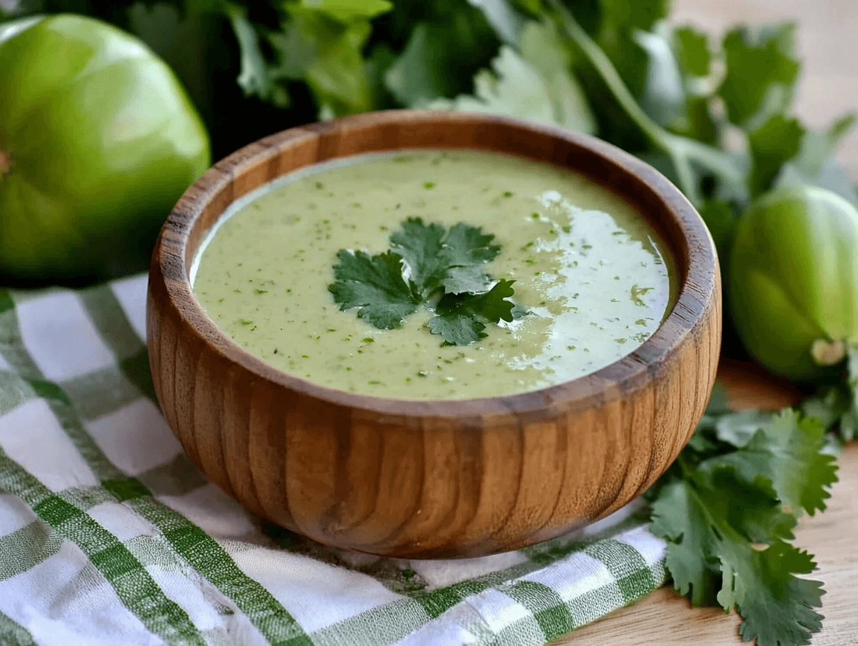 A wooden bowl filled with creamy green serrano pepper sauce garnished with a cilantro leaf, surrounded by fresh tomatillos and cilantro on a green and white checkered cloth.