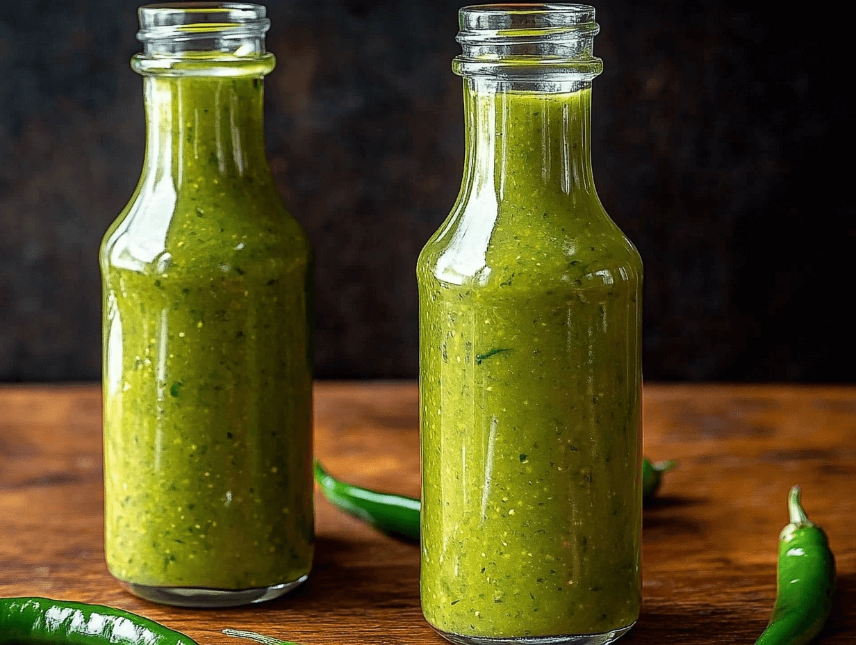 Two glass bottles filled with vibrant green serrano pepper hot sauce on a rustic wooden table with fresh serrano peppers scattered around.