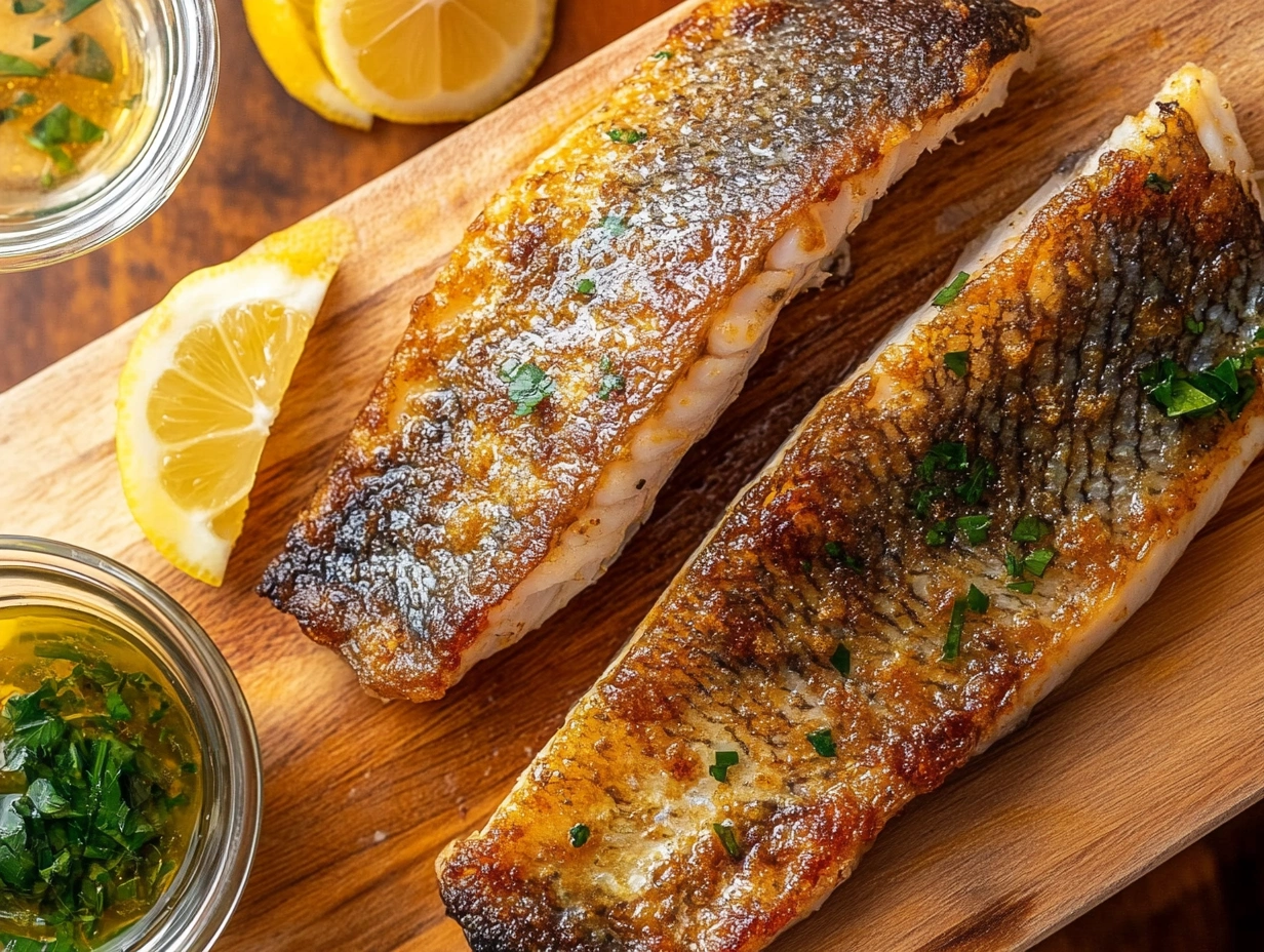 Seared branzino fillet with crispy skin on a wooden board, with lemon slices and a bowl of sauce in the background.