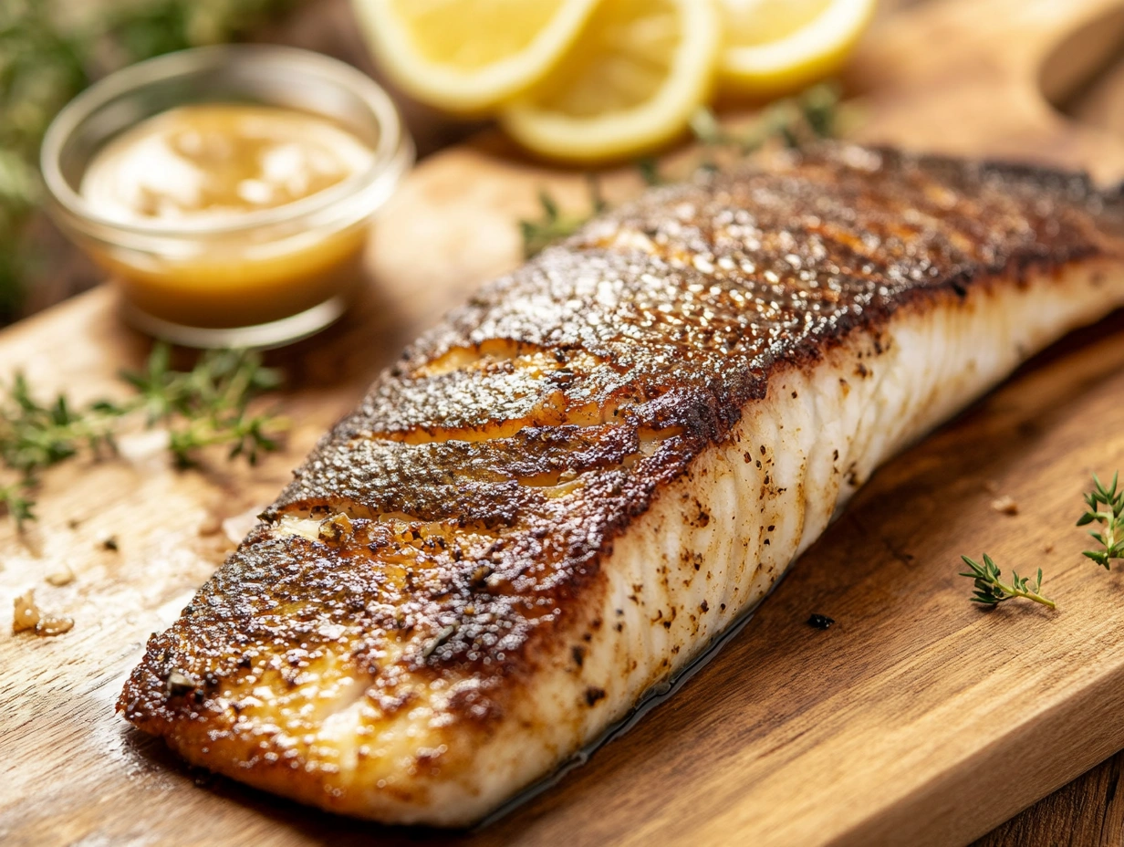 A pan-seared branzino fillet with crispy, golden-brown skin, garnished with lemon and served with dipping sauce.