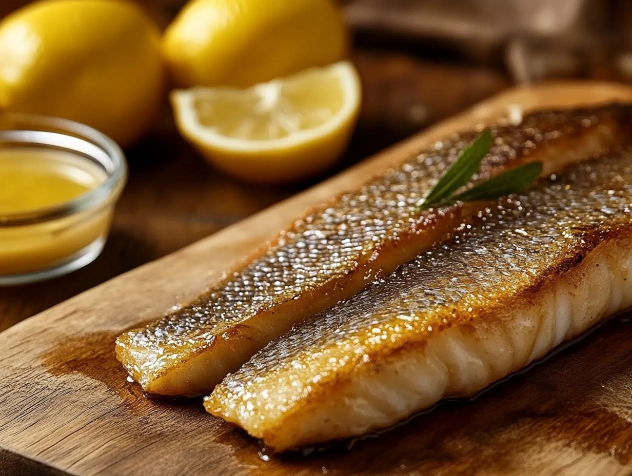 Top-down view of a branzino fillet with crispy skin, served with lemon wedges and sauce on a rustic wooden board.