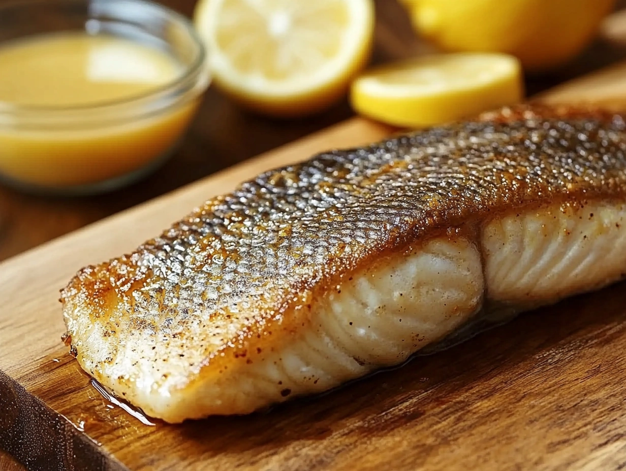 Crispy, golden-brown branzino fillet with skin on a wooden cutting board, accompanied by lemon slices and a small bowl of sauce.