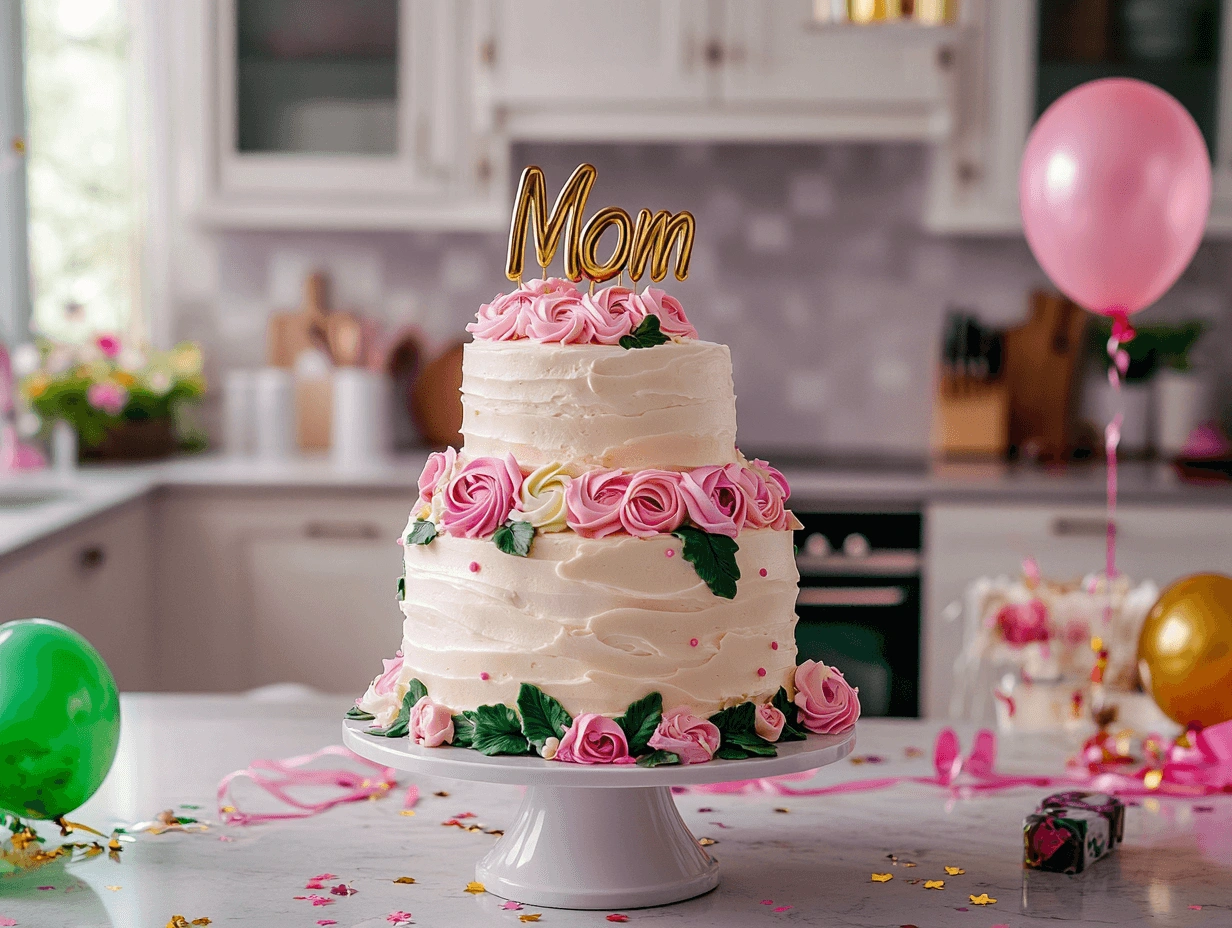 Two-tier floral mom birthday cake with a golden topper, surrounded by colorful balloons, ribbons, and confetti in a cozy kitchen.