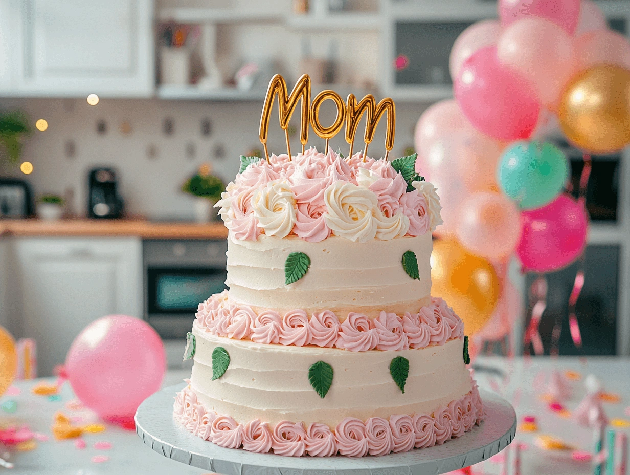 Elegant birthday cake for a mom, featuring two tiers with pink frosting flowers, a golden 'Mom' topper, and festive party decorations in the background.