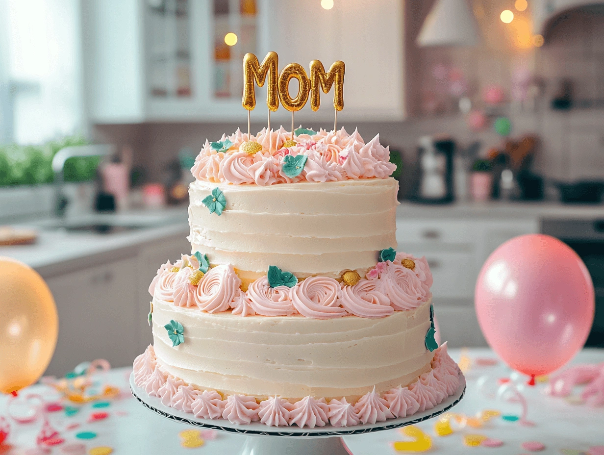 A two-tiered pink and white birthday cake for a mom, adorned with floral frosting decorations and a golden 'Mom' topper, surrounded by balloons and ribbons in a festive kitchen.