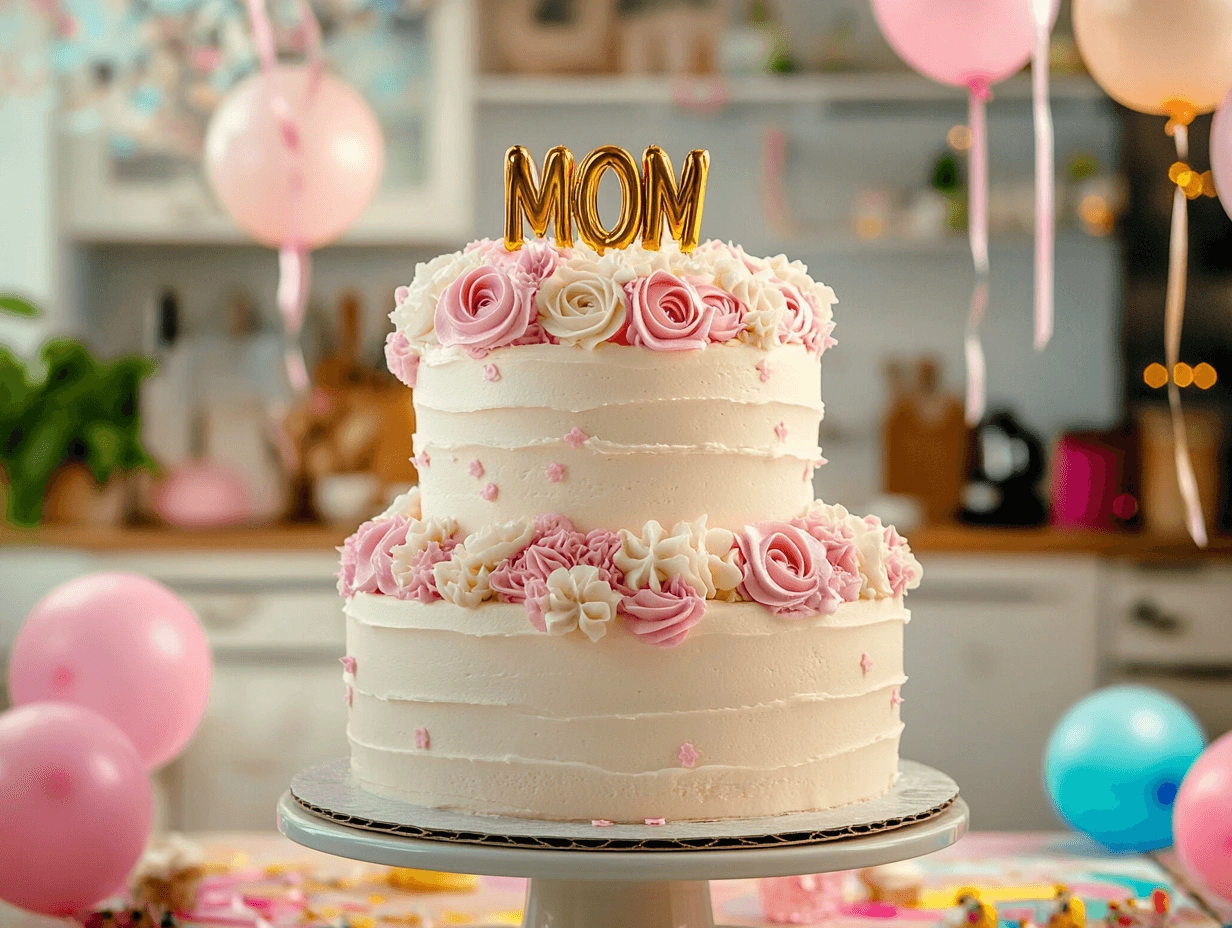 A beautifully decorated cake for a mom's birthday, featuring delicate pink flowers, vibrant party decor, and a cozy kitchen background.