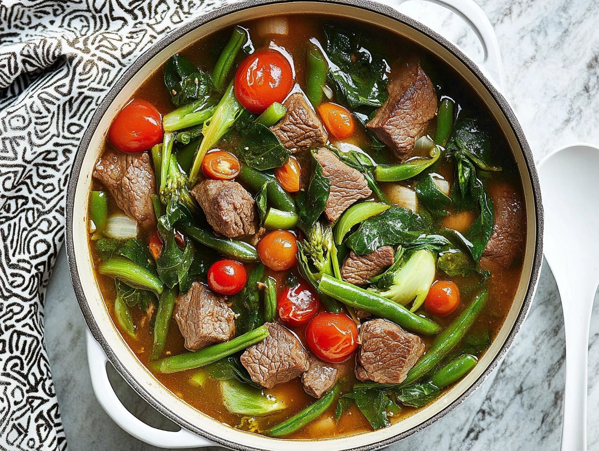 Close-up of beef sinigang with vegetables like green beans, bok choy, and tomatoes in a flavorful tamarind broth.