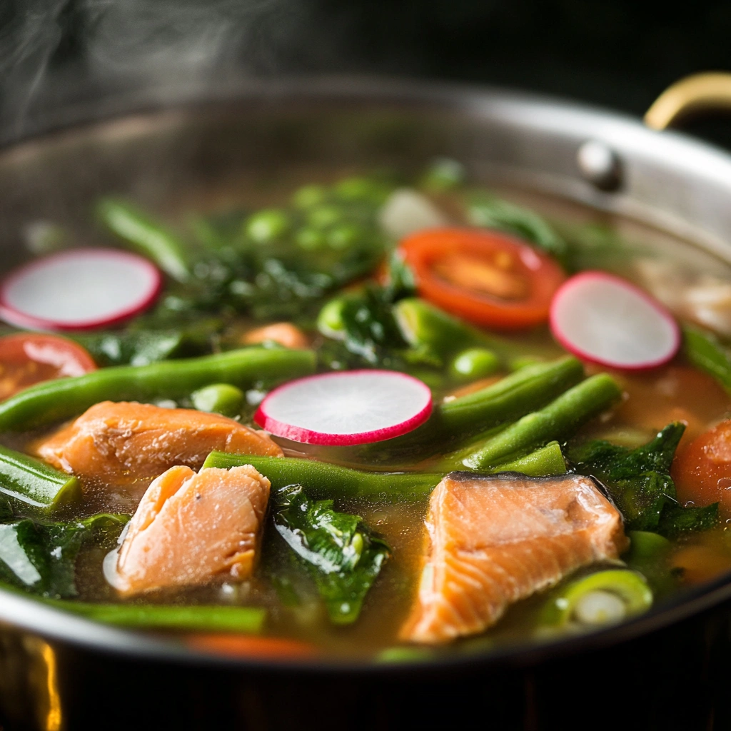 Filipino beef sinigang with fresh vegetables like green beans, spinach, and cherry tomatoes in a steaming pot.