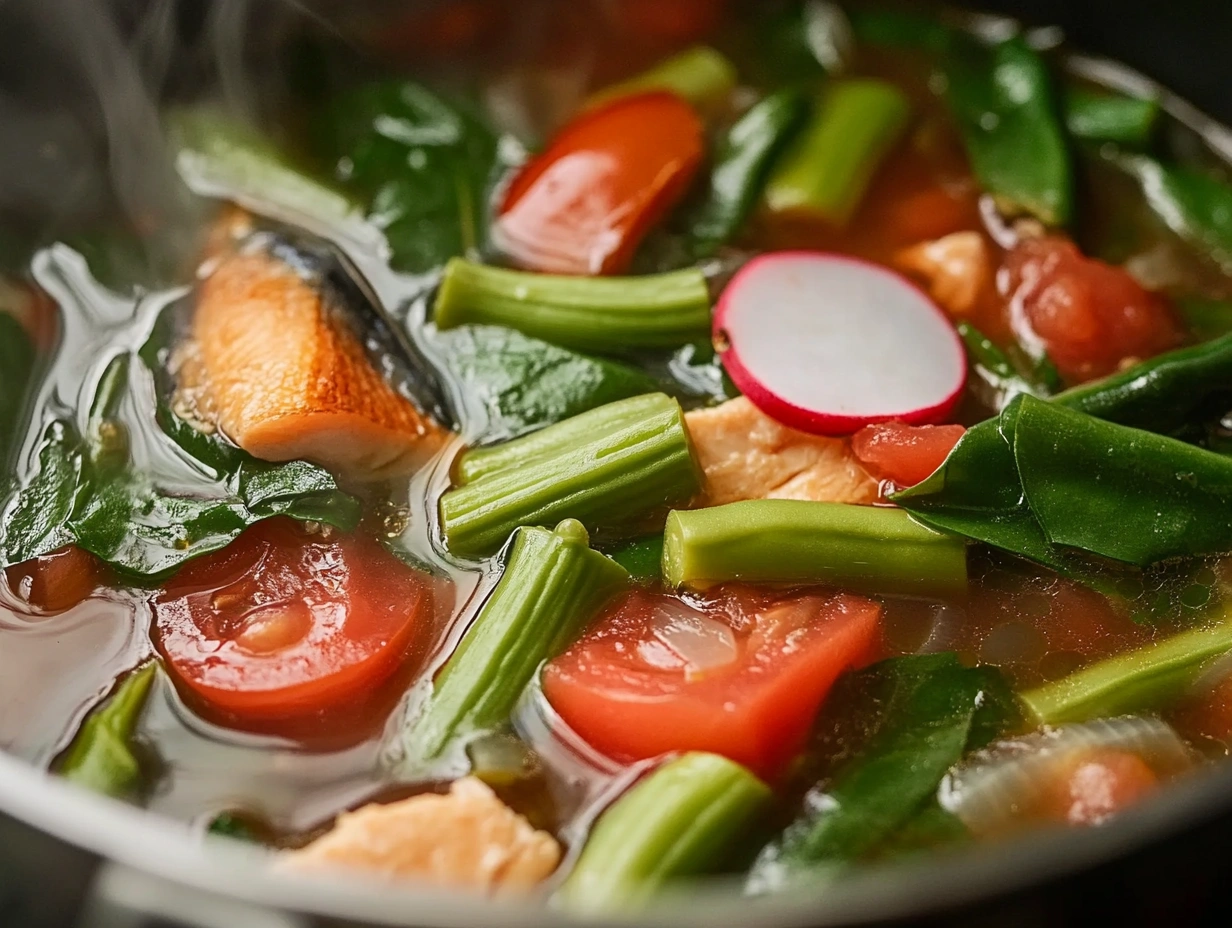 A pot of beef sinigang soup with tender beef, green beans, and leafy greens in a rich, steaming broth.