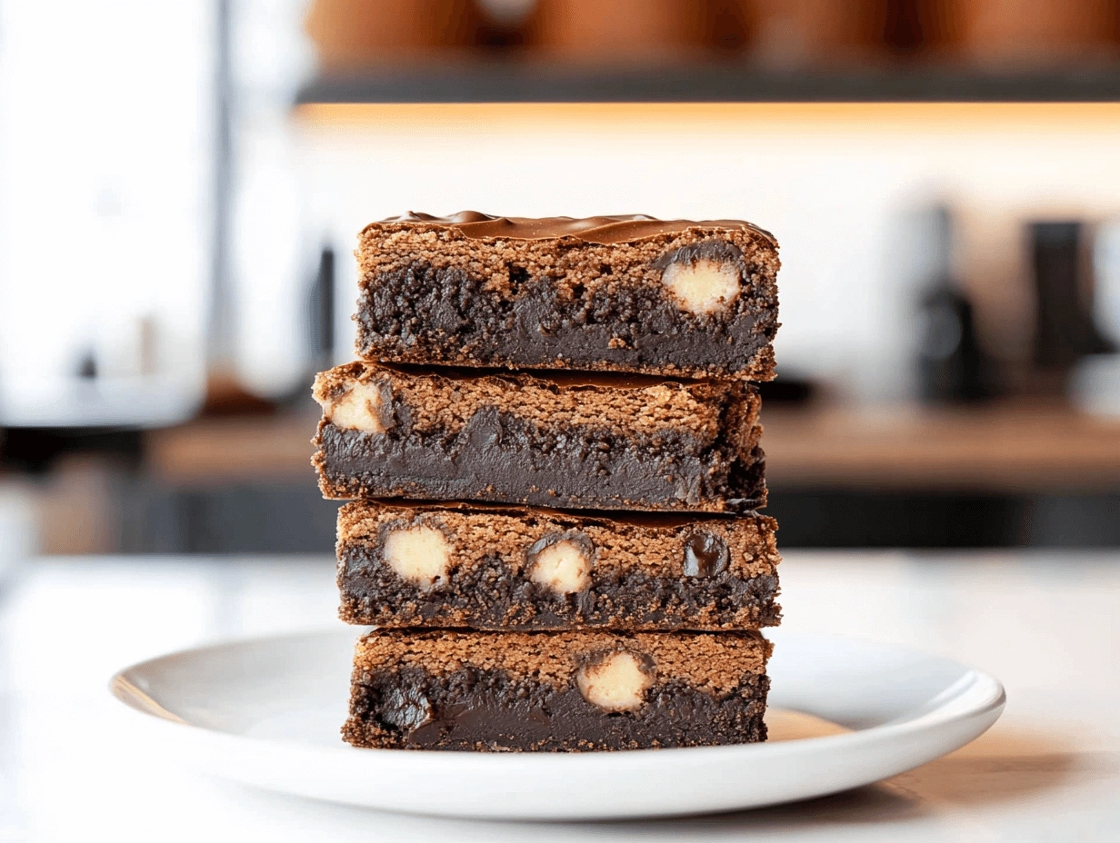Delicious stacked slutty brownies recipe with three layers: fudge brownie, cookie crumb, and a golden base, arranged neatly on a wooden background.