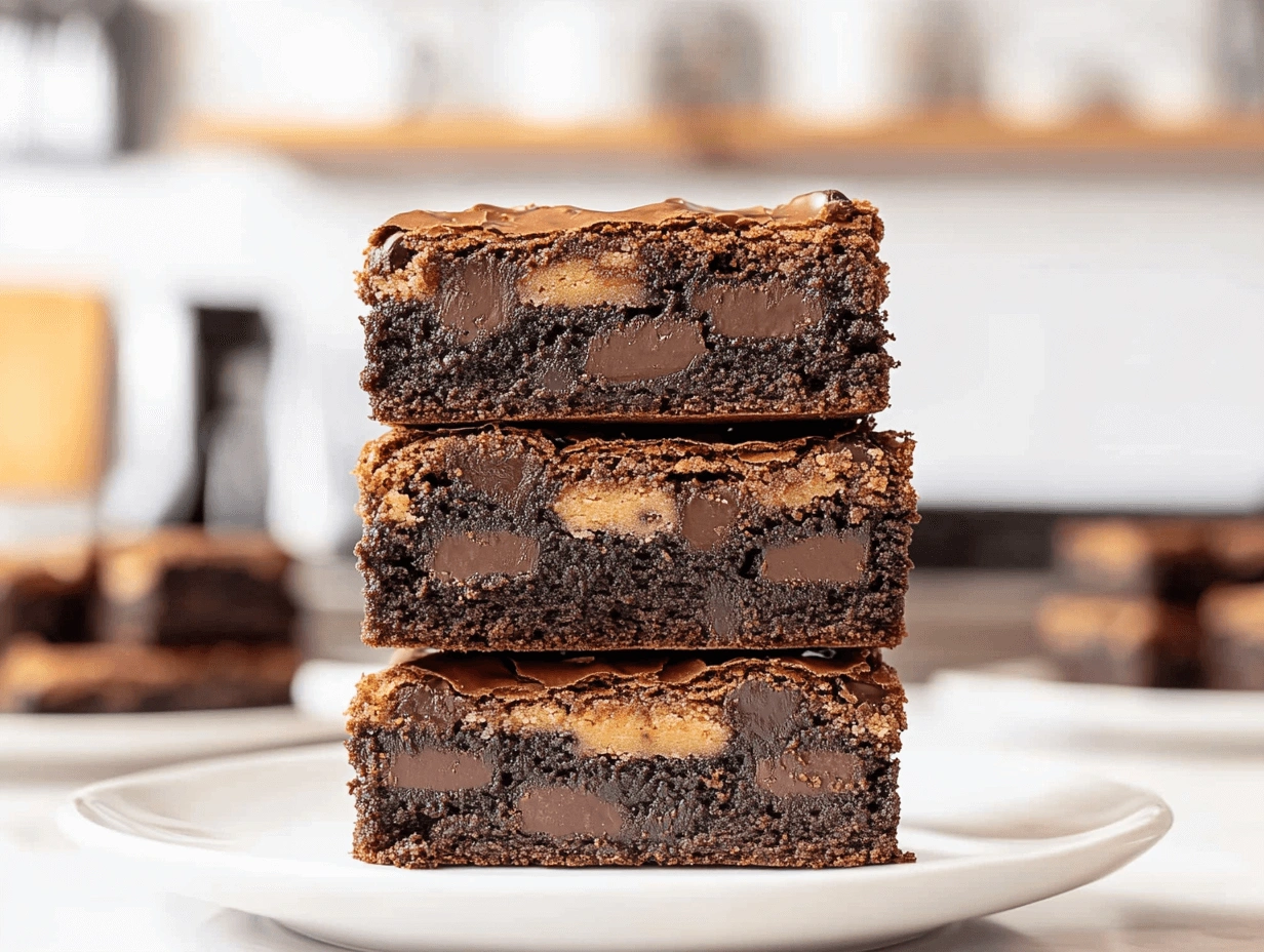 A close-up of layered chocolate brownies showcasing a glossy top, a crunchy middle, and a soft cookie base on a weathered wooden table.
