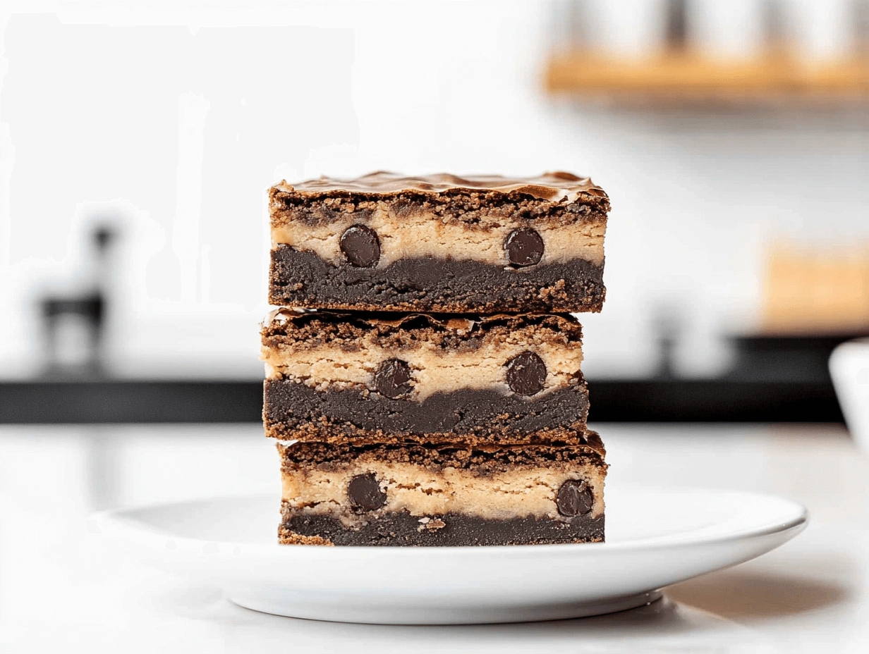 Gourmet slutty brownies recipe featuring textured layers of cookie dough, Oreos, and chocolate brownie, highlighted by natural lighting on a rustic tabletop.