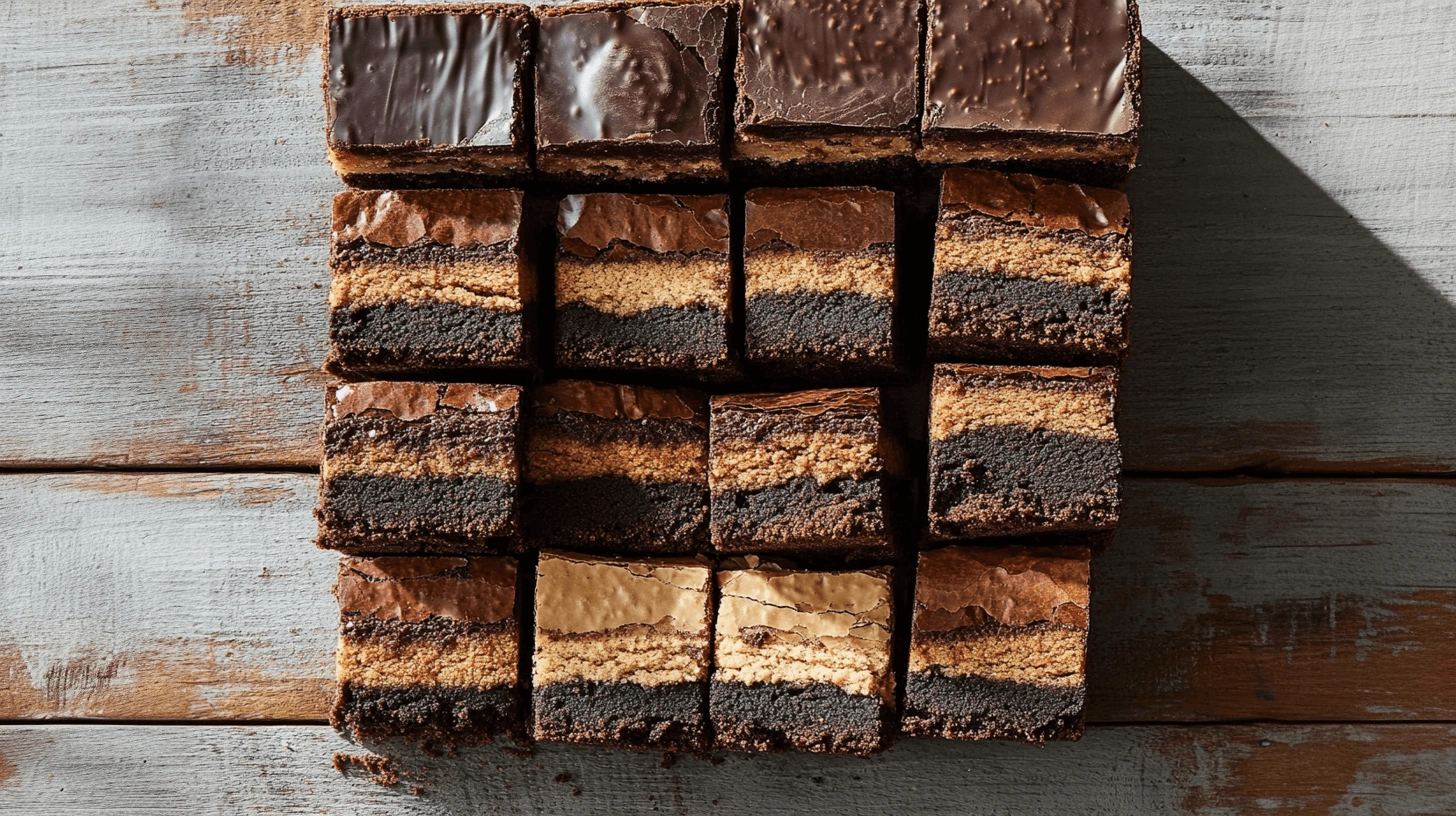 Neatly sliced slutty brownies recipe with distinct layers of cookie dough, Oreo cookies, and rich chocolate brownie on a rustic wooden surface.