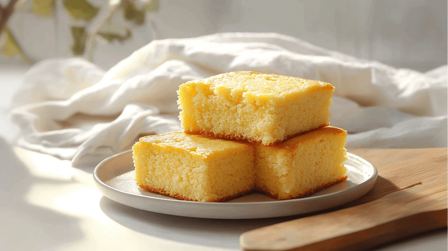 Three pieces of golden, fluffy Southern cornbread stacked on a beige plate, their soft texture illuminated by natural sunlight, with a wooden cutting board and white linens in the background.