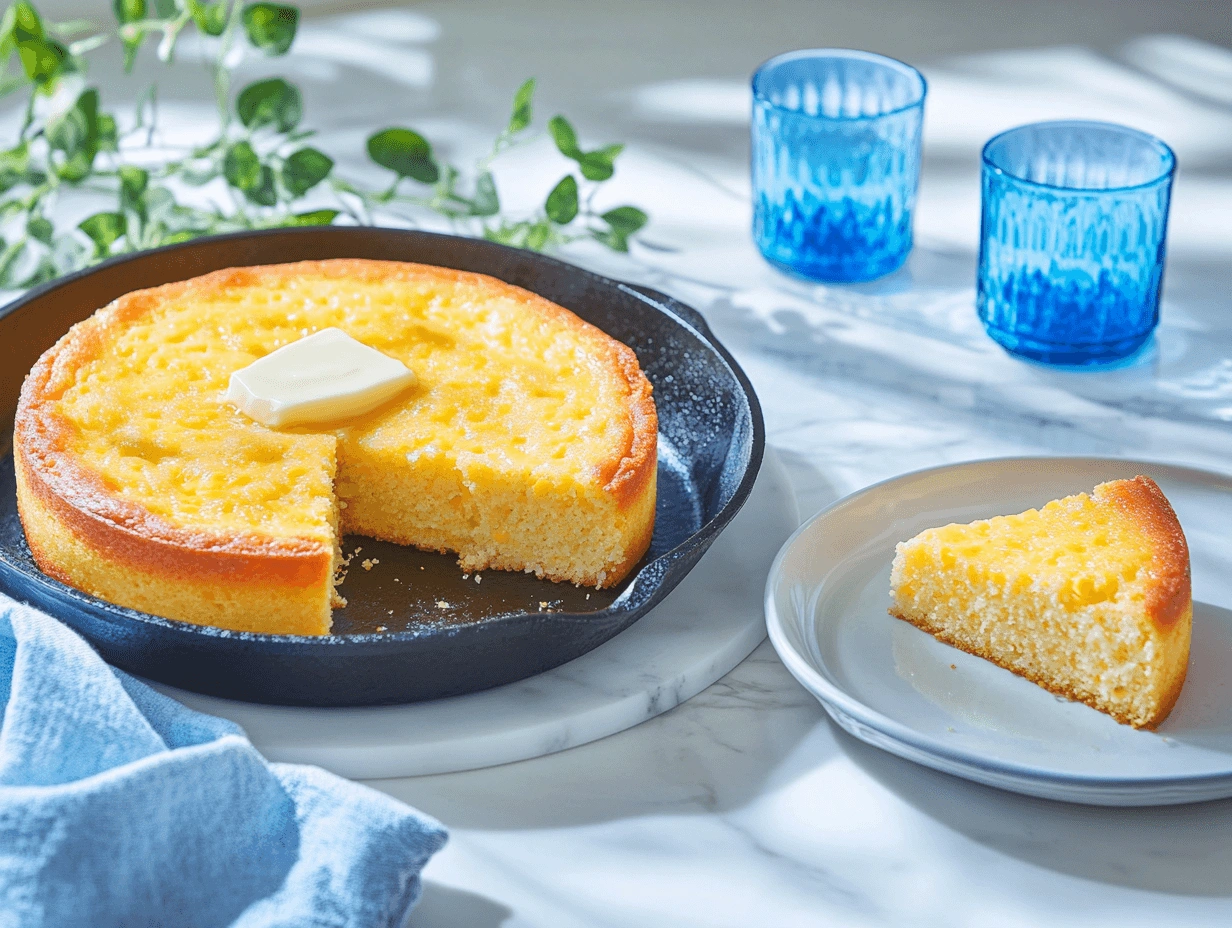 A stack of four golden, fluffy Southern cornbread slices on a beige plate, illuminated by warm natural sunlight, with a rustic wooden cutting board and soft white linens in the background.