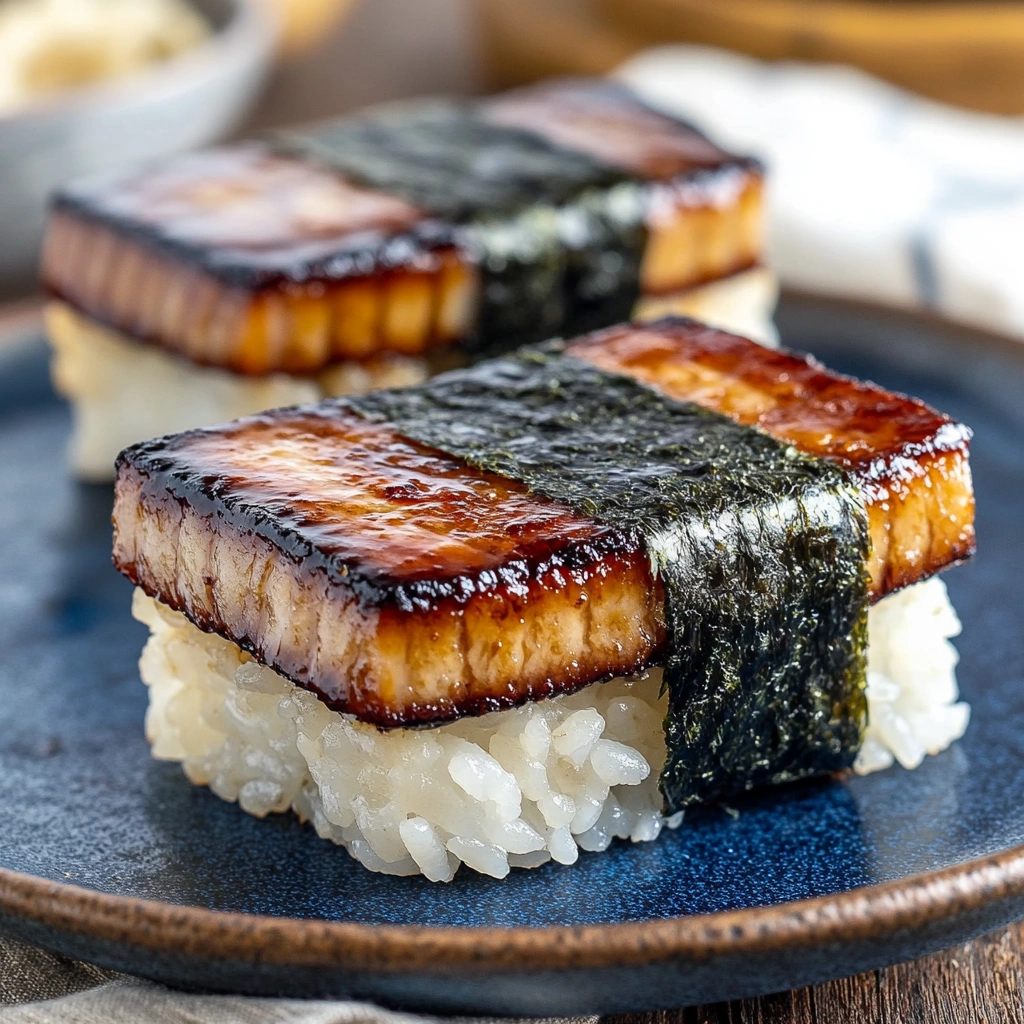 Two pieces of Spam Musubi wrapped in nori, served on a blue ceramic plate.