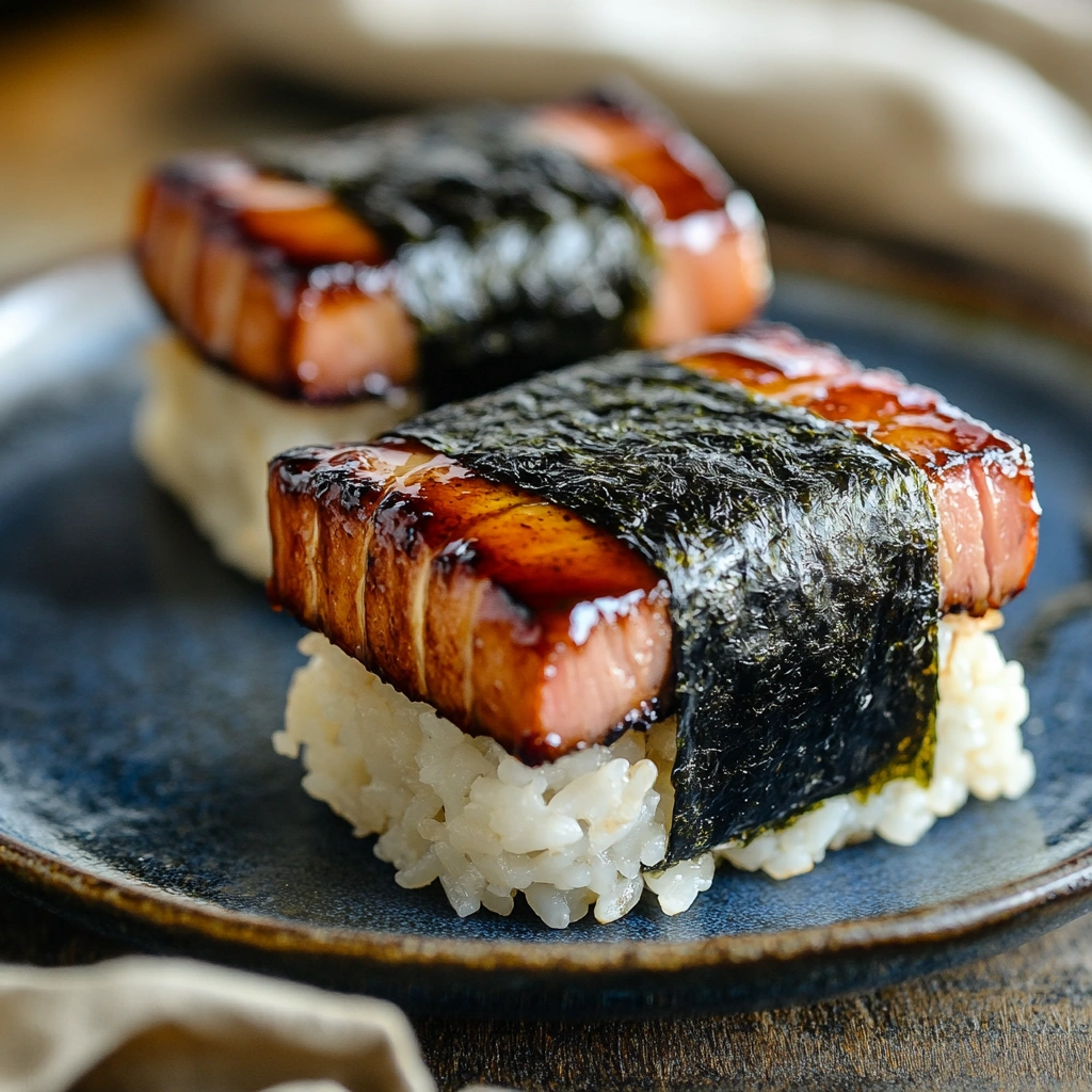 Hands using a musubi mold to shape rice for Spam Musubi.