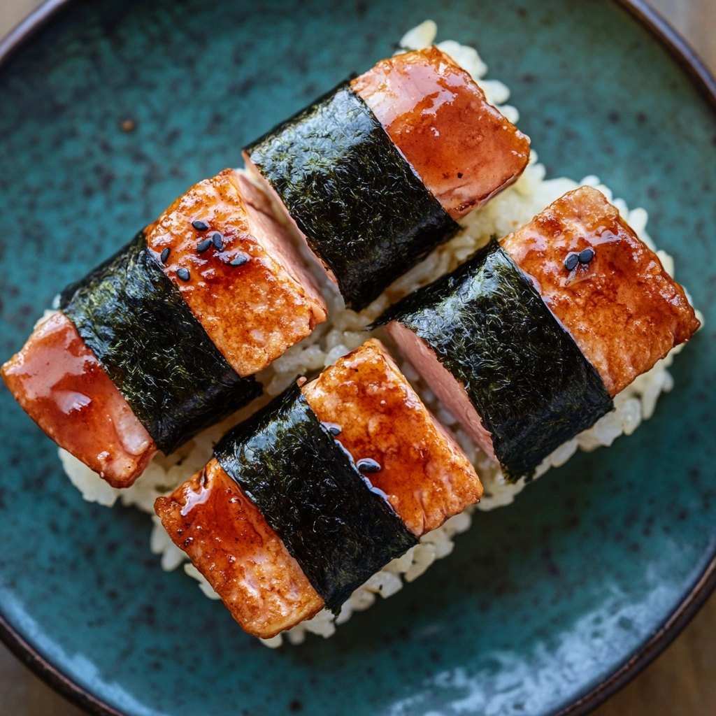 Teriyaki-glazed Spam Musubi on a wooden serving board.