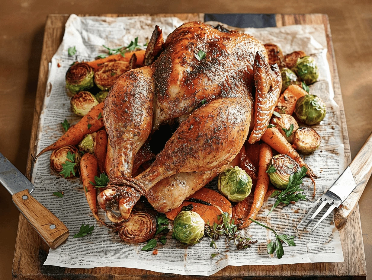 Whole roasted turkey placed on a wooden board with roasted carrots, Brussels sprouts, and fresh parsley, garnished with light seasoning.