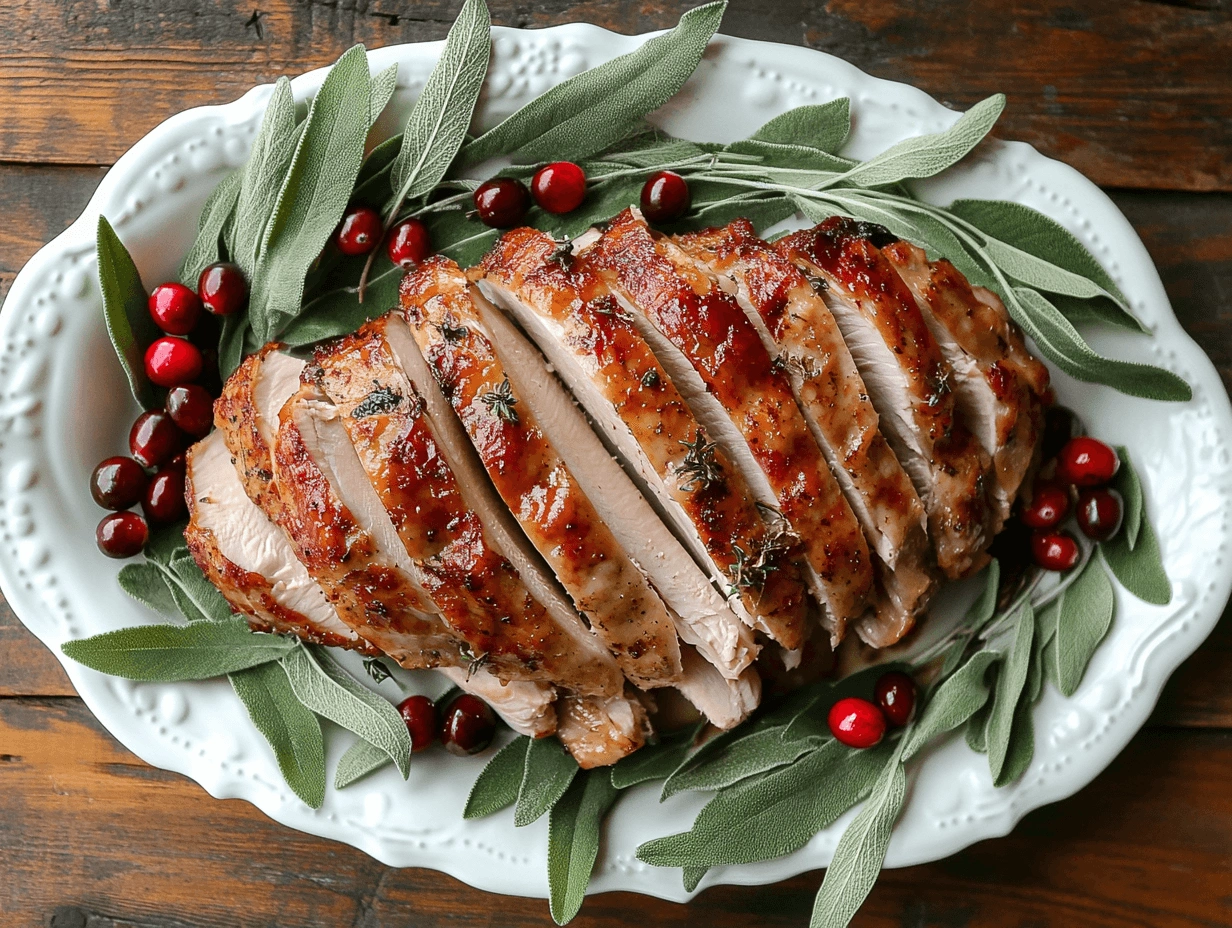 Golden roasted turkey breast slices arranged on a white platter with sage leaves and cranberries, set on a wooden table.