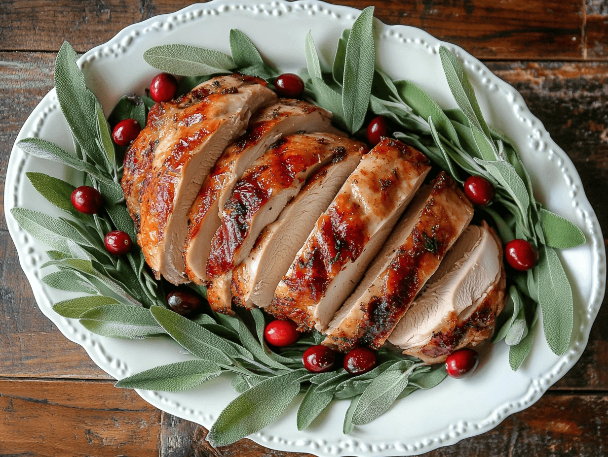 Close-up of perfectly sliced turkey breast with crispy skin, garnished with fresh herbs and red cranberries for a festive display.