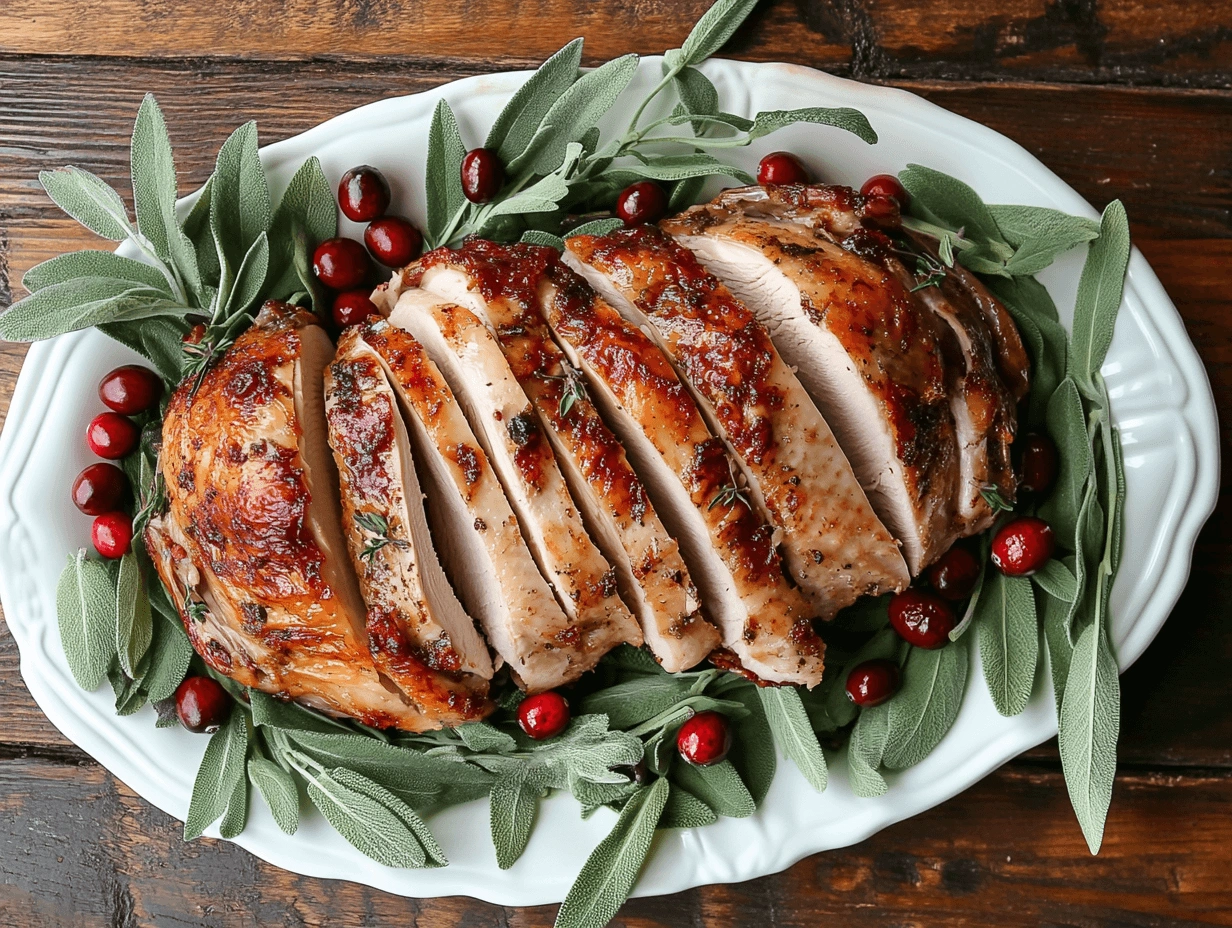 Holiday turkey breast slices presented on a decorative platter, surrounded by vibrant green sage and bright cranberries.