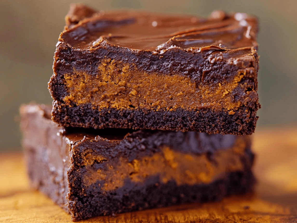 Two gooey sweet potato brownies with a glossy chocolate topping, stacked together.
