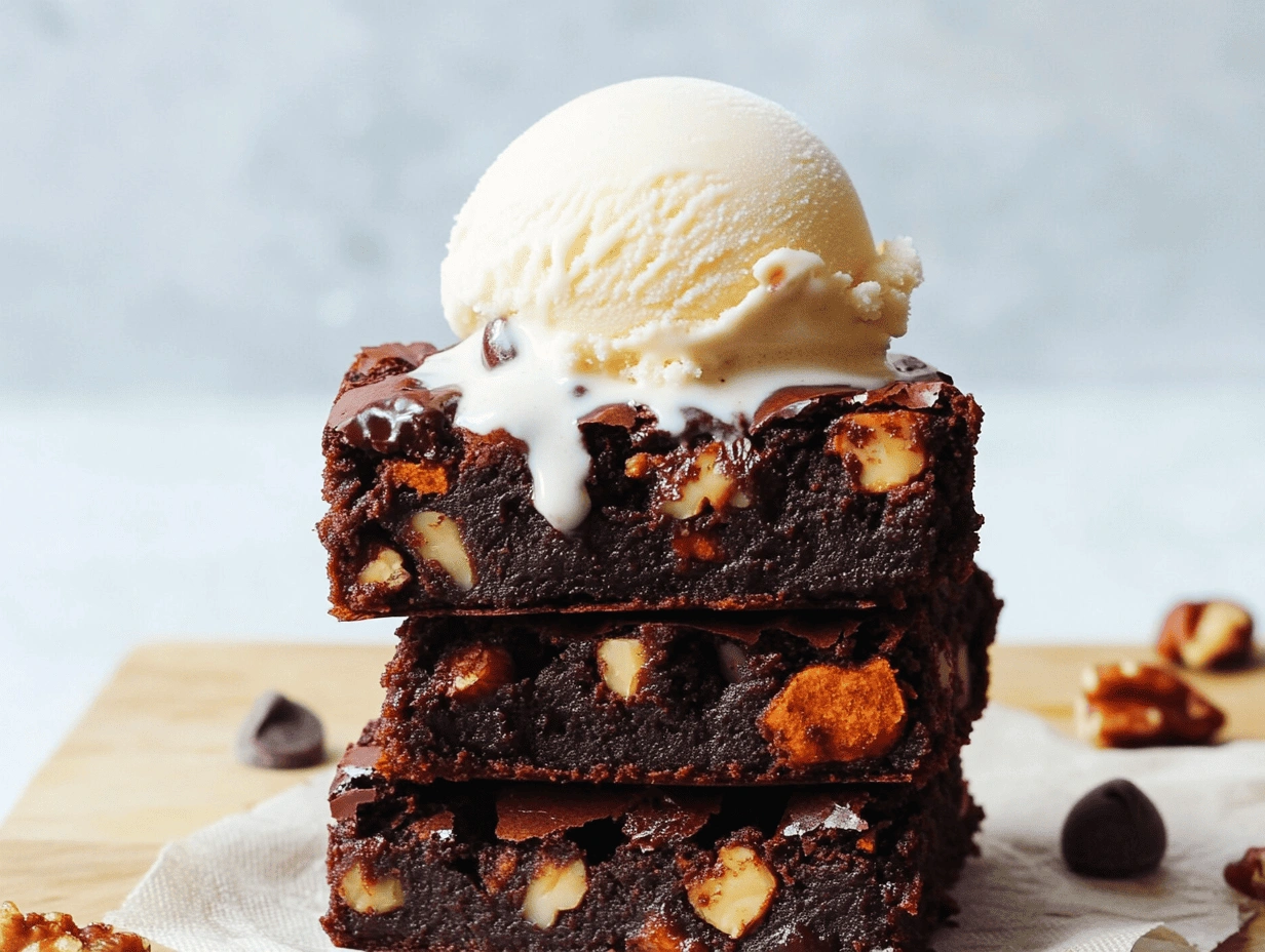 Two fudgy sweet potato brownies stacked on a wooden surface with glossy chocolate frosting on top.