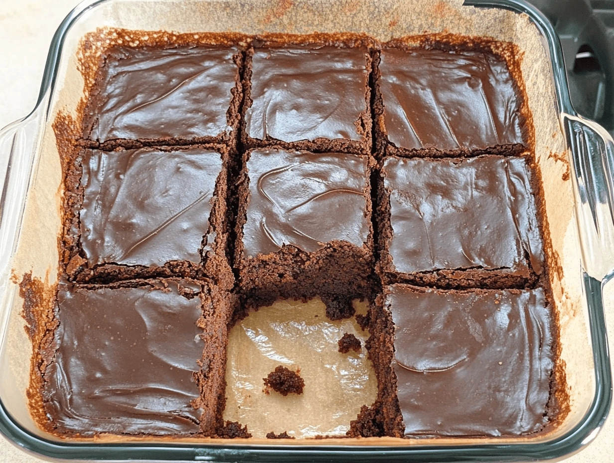 Close-up of sweet potato brownies with a rich chocolate glaze on a wooden board.