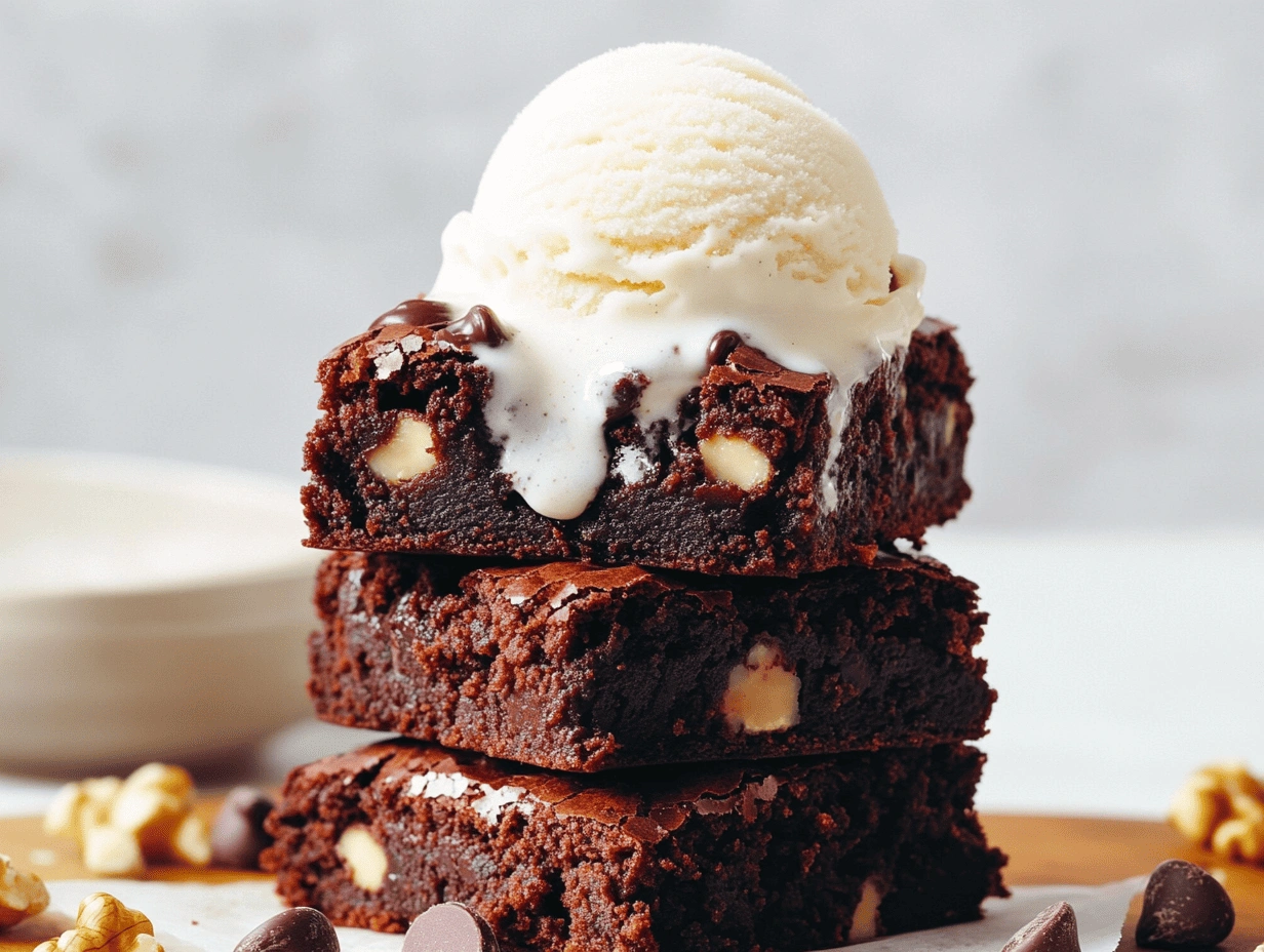 Stacked sweet potato brownies with a thick chocolate frosting on a rustic wooden background.