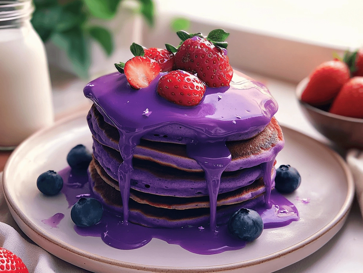 A stack of vibrant purple taro pancakes drizzled with glossy purple syrup, topped with fresh strawberries and blueberries, served on a white plate with additional berries on the side, in a cozy table setting with a jar of milk and soft natural light.