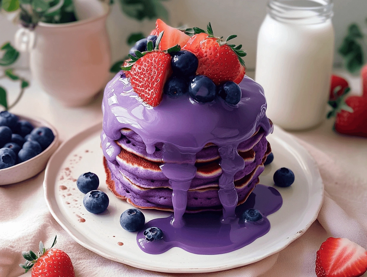 A plate of purple taro pancakes layered with shiny purple syrup, garnished with fresh strawberries and blueberries, surrounded by a cozy breakfast setting with milk and greenery in the background.