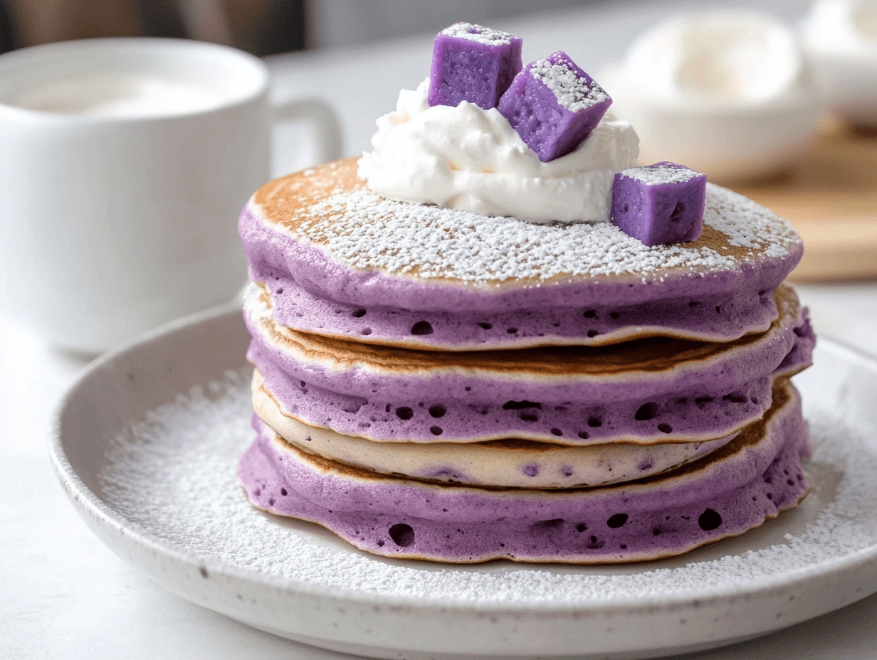 Fluffy taro pancakes with a glossy purple glaze, topped with strawberries and blueberries, served on a white plate with a cozy breakfast background.