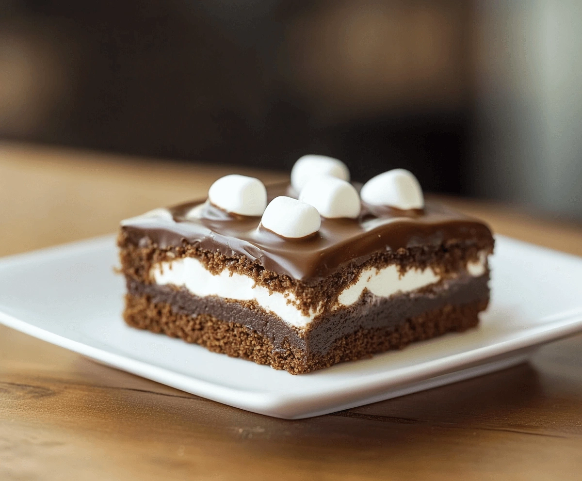 A slice of heavenly hash brownie on a square white plate, featuring a rich chocolate base, a layer of marshmallows, and a glossy chocolate ganache topped with mini marshmallows.