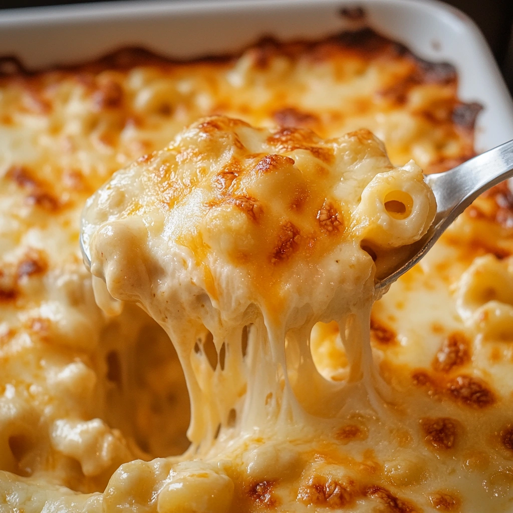 Baked mac and cheese with a creamy, stretchy cheese texture on a spoon.