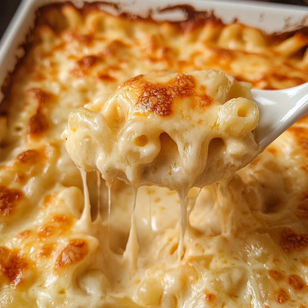 Cheesy, creamy baked mac and cheese being served from a casserole dish.