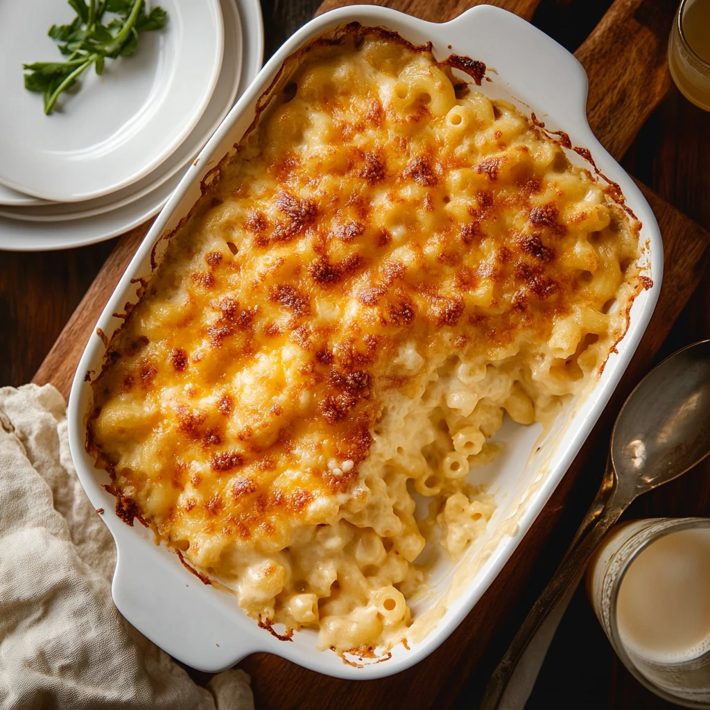 Close-up of macaroni covered in melted cheese on a serving spoon.