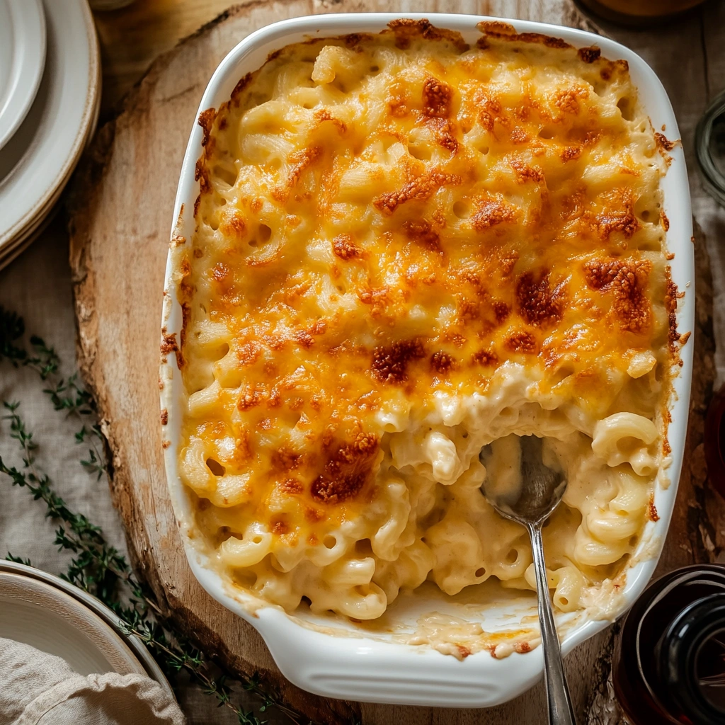 Spoonful of gooey baked mac and cheese with melted cheese strands stretching from a white casserole dish.