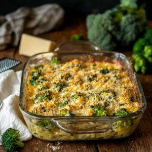 A fresh broccoli casserole, beautifully baked in a glass dish with a golden, crunchy top and creamy layers beneath. The setup includes no steam or smoke, maintaining a clean, professional look. Styled for a food blog, with a backdrop of a bright, modern kitchen and accents like fresh vegetables and a striped cloth napkin.