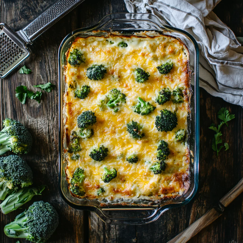 A vibrant broccoli casserole in a glass dish, golden-brown on top with fresh, green florets peeking through creamy layers. Presented with no steam or smoke, perfect for a clean and inviting food blog image. The setup includes a rustic wooden table, natural lighting, and props like fresh broccoli, a cheese block, and a folded linen napkin.