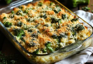 A broccoli casserole with a perfect golden top, fresh florets visible in the creamy base. No smoke or steam, highlighting a neat and polished food blog aesthetic. The casserole sits on a clean marble countertop, surrounded by simple kitchen elements like a chopping board, grated cheese, and a small bowl of spices.