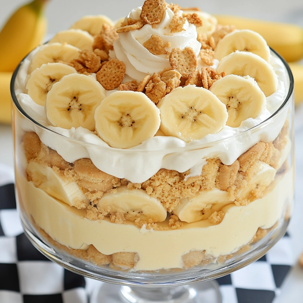 This image shows a classic banana pudding in a clear glass trifle bowl. The dessert features layers of sliced bananas, vanilla wafers, and smooth vanilla pudding. The top is finished with whipped cream, banana slices, and a dusting of cookie crumbs, creating a visually appealing and delicious treat.