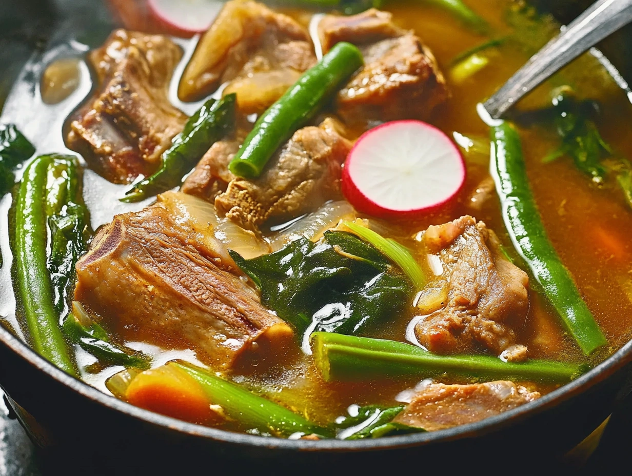 A flavorful bowl of Sinigang soup featuring pork, vegetables, and chili peppers in a rich, tangy broth, served with a ladle.