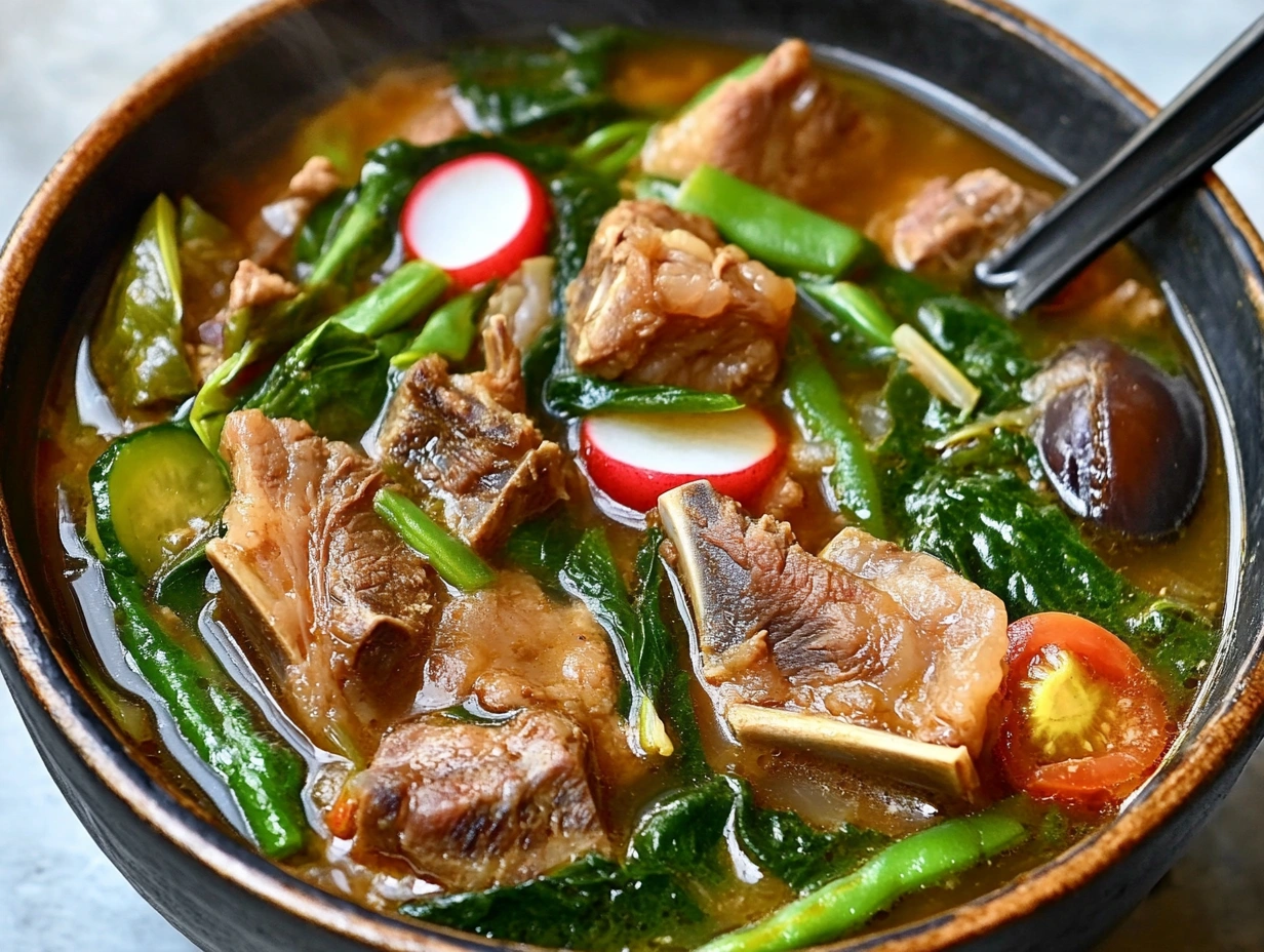 Close-up of traditional Sinigang na Baboy, showcasing pork ribs, water spinach, string beans, and green peppers in a steaming sour broth.