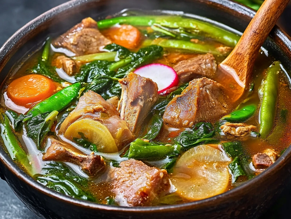 A hearty bowl of Sinigang with pork, leafy greens, radish slices, and long green beans, simmering in a tamarind-infused broth.